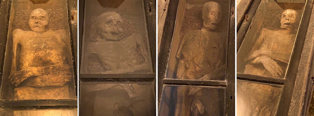 Die Mumien von Wiuwert – Ein mysteriöses Geheimnis in Friesland 4 Vier Mumien im Mumienkeller der Kirche Sankt Nicolaas in der niederländischen Provinz Friesland. Foto: Mario Vedder